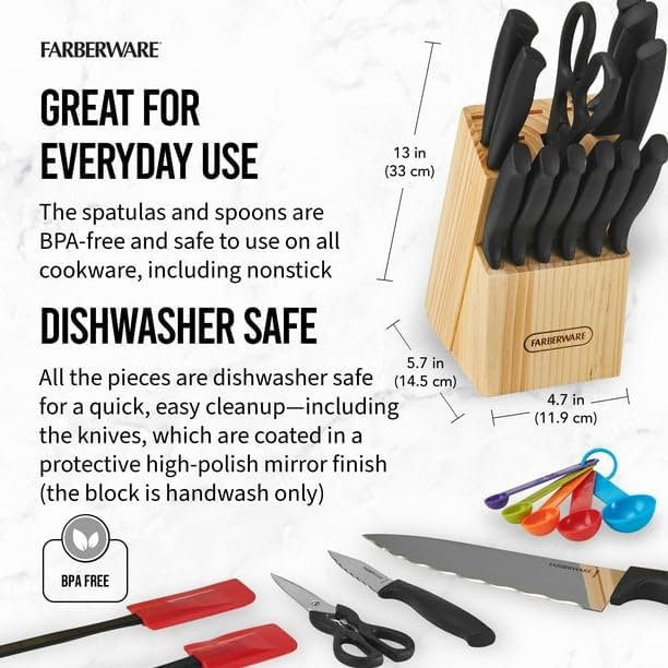 Classic 23 Piece Never Needs Sharpening Dishwasher Safe Stainless Steel Cutlery and Utensil Set in Black, Dishwasher safe